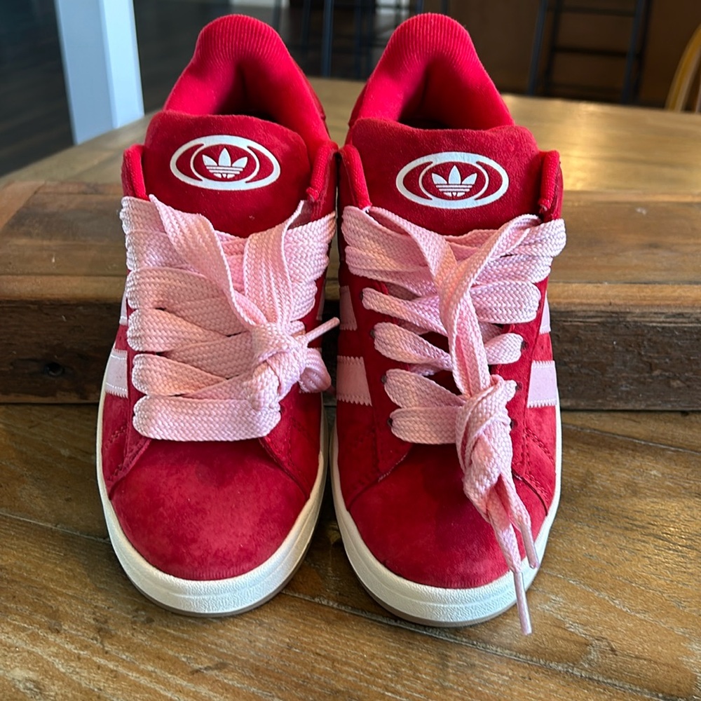 Men’s Adidas Campus shoes. Red with pink laces. Size 6.5. Or women’s size 8.
